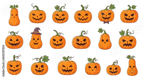 Halloween Icons Set of A Diverse Cast of Cartoon JackoLanterns with Expressive Spooky and Silly Faces. Vector Illustrations. EPS Editable