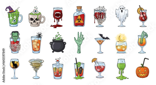 Halloween Icons Set of A Ghoulish Assortment of Illustrated Halloween Cocktails and Potions. Vector Illustrations. EPS Editable