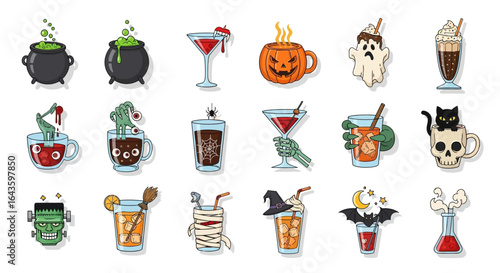 Halloween Icons Set of A Ghoulishly Good Collection of Spooky Halloween Drink Icons. Vector Illustrations. EPS Editable