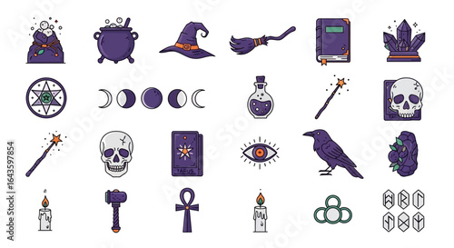 Halloween Icons Set of A Modern Grimoire Illustrated Icons of Witchcraft and Esoteric Magic. Vector Illustrations. EPS Editable