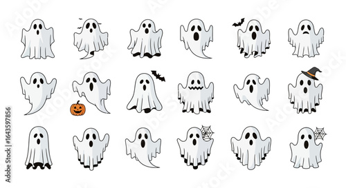 Halloween Icons Set of A Spooktacular Collection of Cute Cartoon Ghosts with Diverse Expressions and Halloween Icons. Vector Illustrations. EPS Editable
