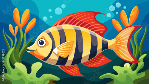Vector art of an adorable yellow and black striped fish navigates a serene underwater world filled with lush green plants, orange flowers, and gentle blue water