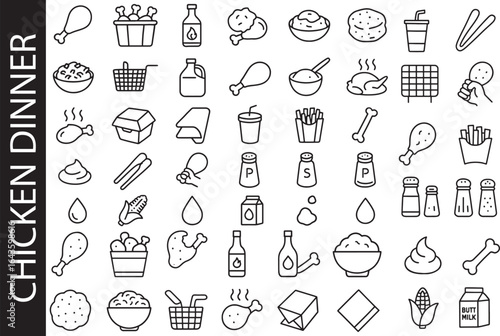 Chicken Dinner Vector Icon Set 🍗: Fried and roast chicken, buckets, and all the sides! Perfect for restaurant menus, flyers, and delivery apps.