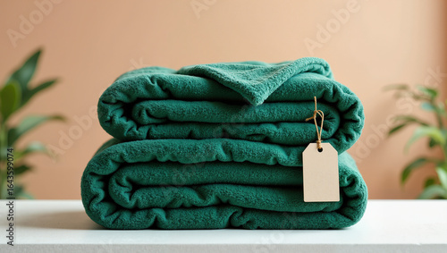 Neatly folded stack of teal fleece blankets with a tag, in a cozy product style, in dark teal and white colors, representing home comfort, textiles for sale, and warmth for winter.

