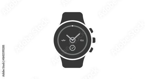 A flat design icon of a black smartwatch displaying health and fitness tracking features.