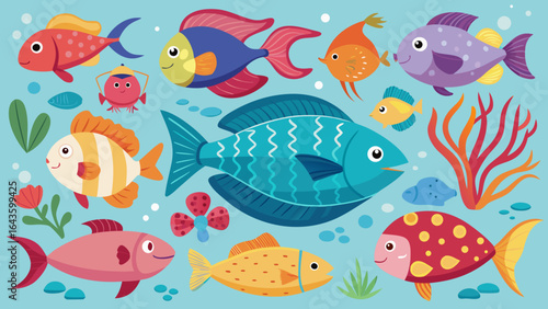 Vector art of a delightful assortment of whimsical, colorful fish in a cheerful underwater setting with aquatic flora and bubbles, great for educational material
