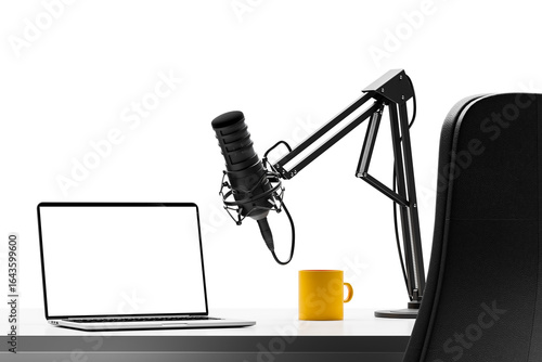 Tableau sur toile Modern podcasting setup featuring laptop, boom arm microphone, yellow mug on white desk, isolated on white background