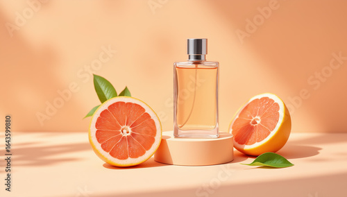 Citrus perfume bottle mockup with fresh grapefruit in a clean, product style, in peach and orange colors, representing summery fragrances, beauty products, and fresh cosmetic scents,copy space