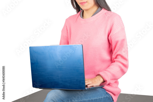 Woman Sitting and Typing on Laptop Indoors (Isolated)
