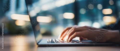 The hands of a person typing on a laptop in a modern workspace at night.