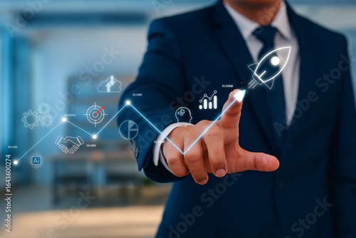 Businessman Navigating Digital Business Growth Chart, Touching Rocket Icon for Innovation and Success