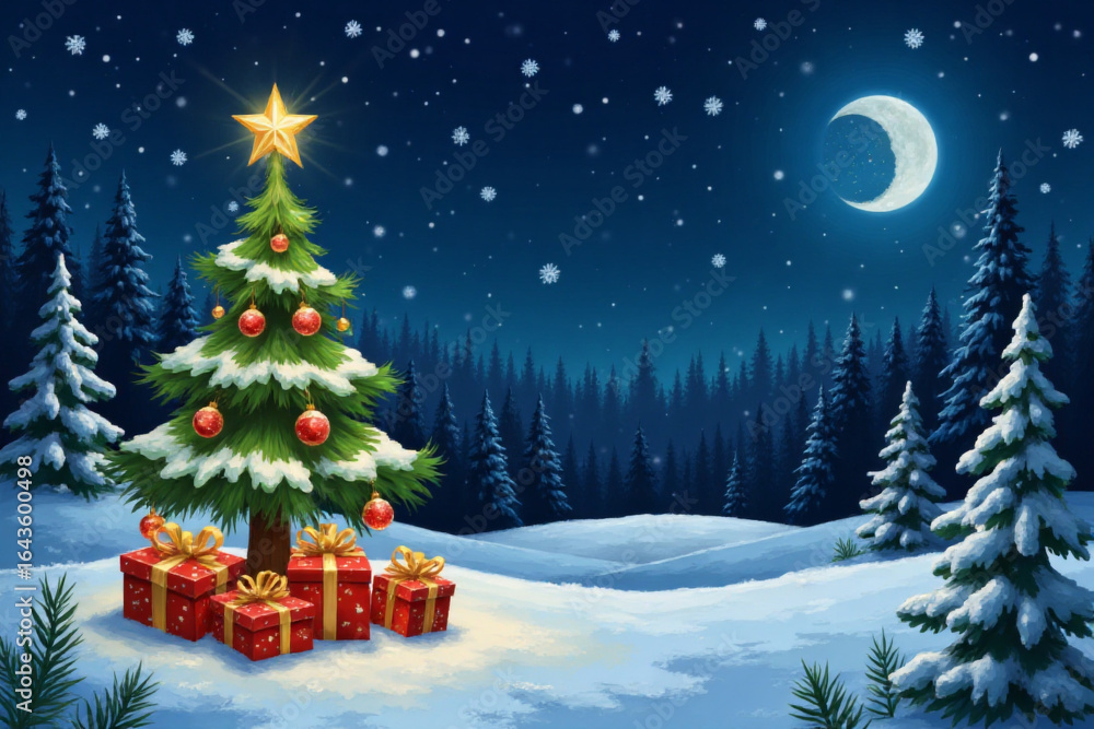 Obraz premium Christmas Tree And Gift Boxes On Snow In Night With Shiny Star and Forest - Winter Abstract Landscape