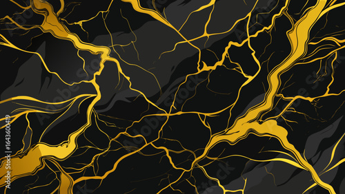 Vector art of abstract black and gold marble texture with flowing lines and cracks, luxurious and modern design background