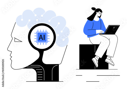 Human brain profile with AI chip and circuit connections. Woman developer using laptop. Ideal for AI innovation, technology, programming, research, machine learning, education, simple flat metaphor