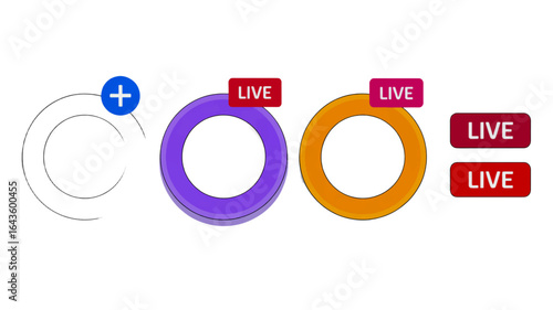 Social media icon collection for live streaming and story updates. Vector illustration of colorful user profile rings, live tags, and add status button.