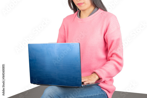 Woman Sitting and Typing on Laptop Indoors (Isolated)