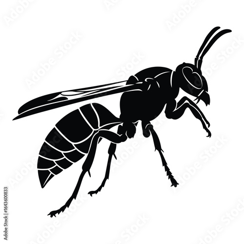Black silhouette of a wasp with detailed wings and segmented body