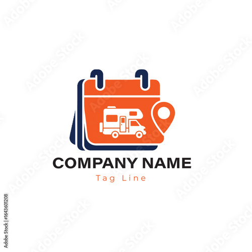 RV Camping Trip Calendar Logo: Schedule, Travel Planner, and GPS Pin Emblem for Motorhome Rental, Road Trip Booking, or Vacation Planning Business, Representing Adventure Time
