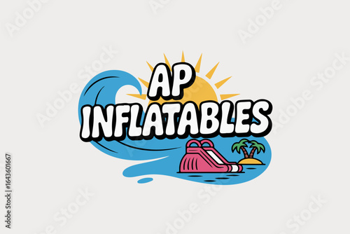 Fun Summer Inflatable Water Slide and Wave Logo: Retro Style Emblem for Rental Company, Pool Party, or Beach Vacation Business, Representing Outdoor Play and Tropical Sun