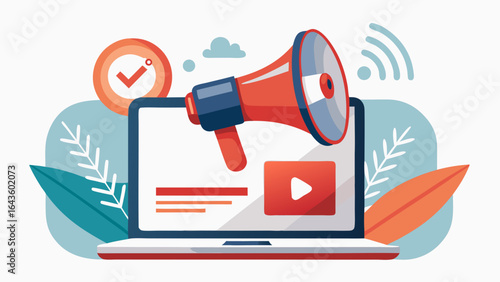 Vector art of digital advertising and online marketing success with a megaphone and checkmark on a laptop, signifying effective campaign and positive result