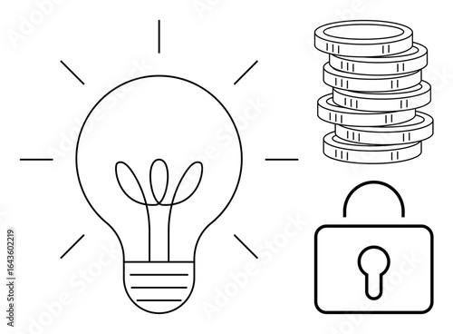 Glowing light bulb with rays, stack of coins, and lock outline. Ideal for innovation, finance, security, entrepreneurship, investment savings and intellectual property. Simple flat metaphor