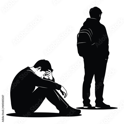 Two silhouetted figures one sitting in despair the other standing apart