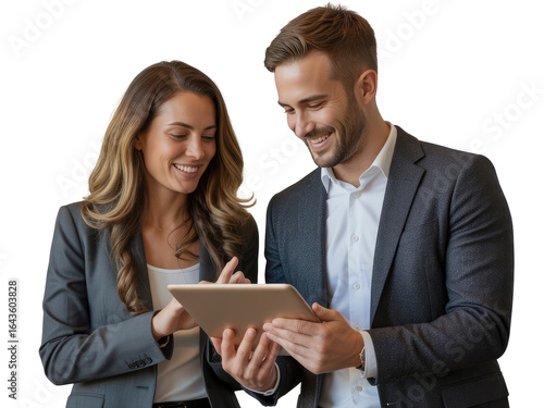Man and woman smiling looking at tablet computer isolated on white transparent background png jpg business people clipping path cutout 2025 2026 4k full hd poster banner label download