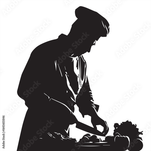 Elegant Kitchen Chef Chopping Ingredients Silhouette vector illustration