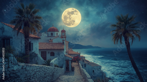Dreamy Night Scene of Mediterranean Village with Full Moon and Palms