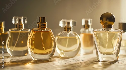 Luxurious Golden Perfume Bottles Elegantly Displayed Amidst Ethereal Misty Glow.