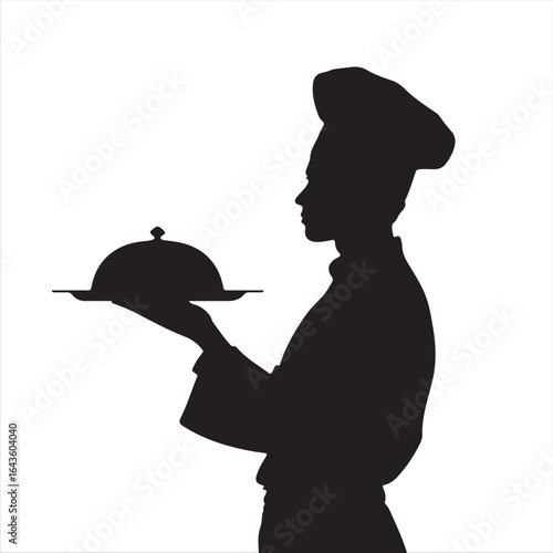 Silhouette of Chef Serving Dish with Lid vector illustration