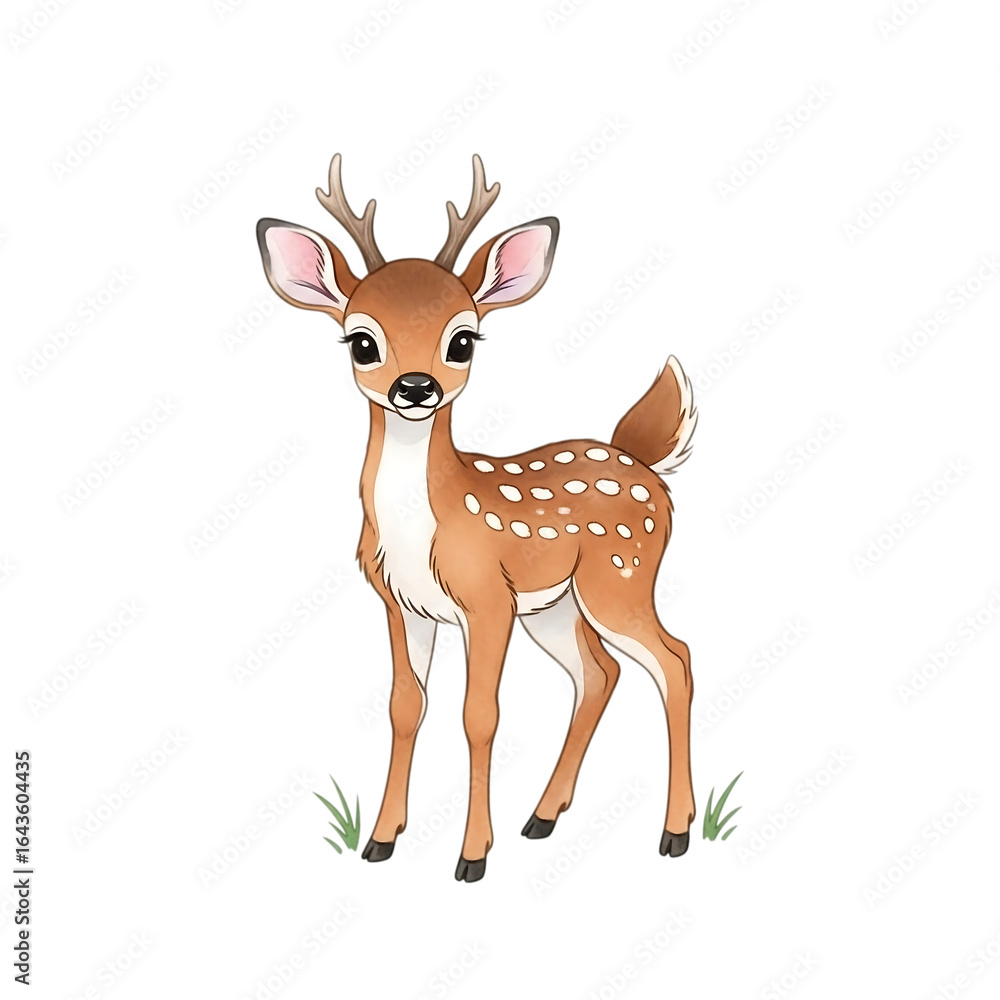 Fototapeta premium Cute cartoon fawn with white spots and antlers deer