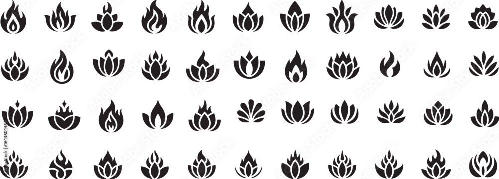 Naklejka premium A collection of fire flame and lotus flower logo icons, abstract spiritual symbols for yoga and wellness, vector illustration