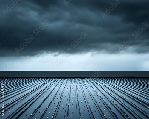 Dark Storm Clouds Over Wet Metal Roof, Rain