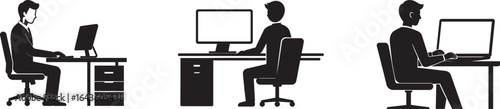 Businessman working on a computer at office desk icon set, silhouette collection of a professional employee at a workstation. vector illustration
