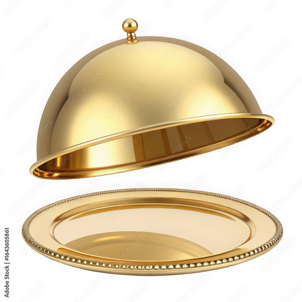 Fototapeta premium Golden cloche and plate isolated on transparent background