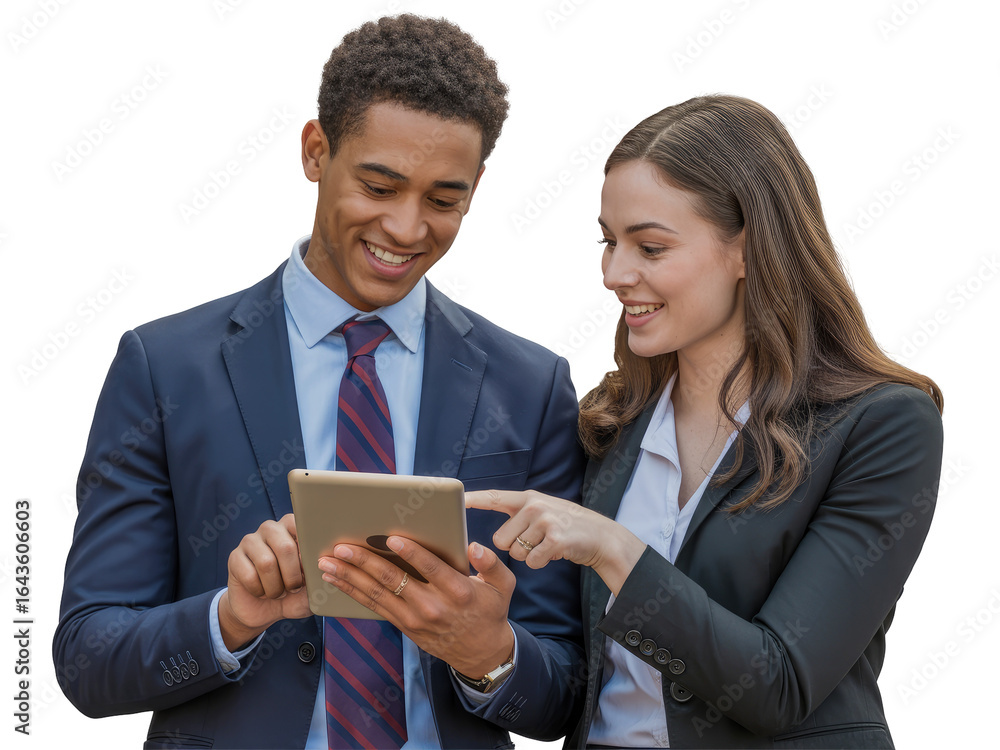 Young man and woman in suits looking at tablet computer and isolated on white transparent background png jpg business people clipping path cutout 2025 2026 4k full hd poster banner label download Young man and woman in suits looking at tablet computer and isolated on white transparent background png jpg business people clipping path cutout 2025 2026 4k full hd poster banner label download