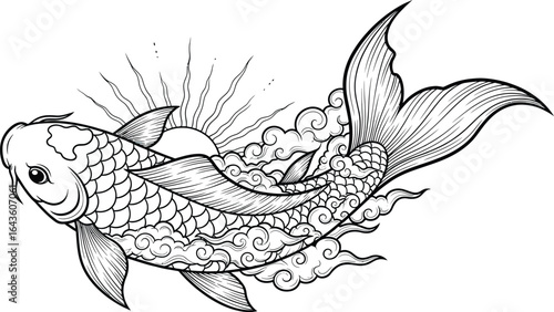 A stylized black and white line art illustration of a Japanese koi fish with clouds and a rising sun.