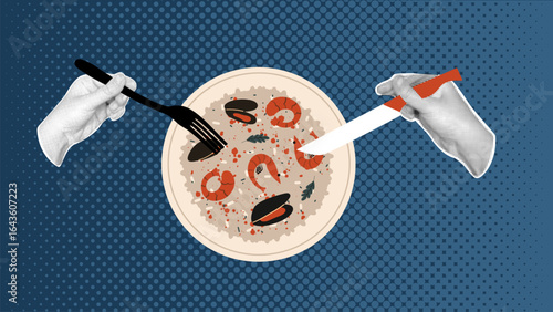 Food trendy vintage collage. Halftone hands with paella on a blue dotted background. Retro food.