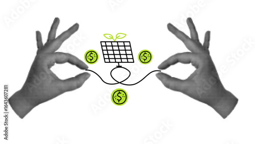 Trendy eco money finance collage with halftone hands, solar panel and money.