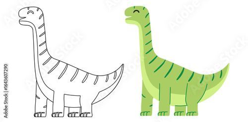 Coloring page with cute cartoon dino. Line art and colored diplodocus version.