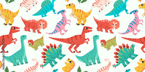 Seamless pattern with cute cartoon dinosaurs. Trendy colors. Children's vector illustration