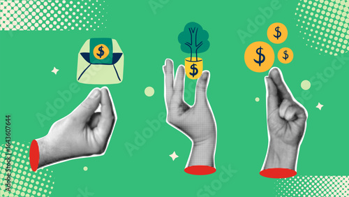 Retro investment halftone concept. Hands holding an envelope with a dollar sign, tree in a pot with a dollar sign and gold coins.Graphic  green business  elements