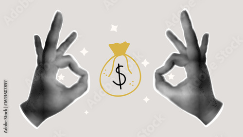 Rich trendy vintage collage concept vector design. Halftone hands showing OK sign and money bag. Banner or poster