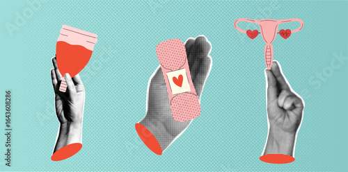 Menstrual health trendy conceptual halftone collage set with hands, uterus, menstrual cup, pad with heart.