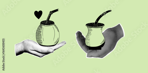 Yerba Mate lovers trendy retro collage. Halftone hands holding Mate cup.