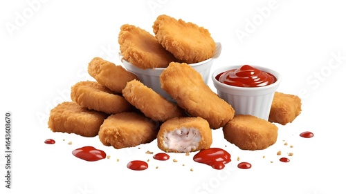 Golden crispy chicken nuggets with ketchup in white container, delicious fast food snack, fried breaded appetizer, junk food indulgence on white background