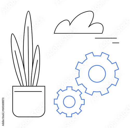 Minimalistic plant in a pot, two blue gears, and a cloud outline. Ideal for growth, innovation, sustainability, teamwork, creativity, processes efficiency simple landing page