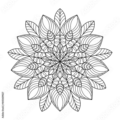 Sunflower Mandala Coloring Page - Intricate Sunflower Mandala Design for Adult Coloring - Detailed Sunflower Mandala Pattern with Petals and Geometric Elements