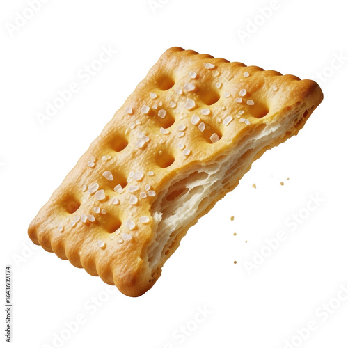 Extreme macro shot of a golden-brown saltine cracker, broken diagonally, showing flaky layers, crisp crumbs, and glistening sea salt on a transparent background, concept of textural perfection and